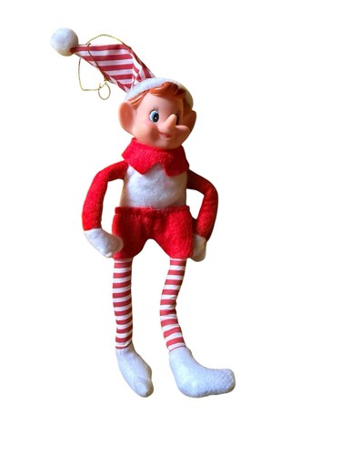 1950s 8" Hanging Hugging Rubber Faced Christmas Elf Red White Candy Stripe Bend - Afbeelding 2 van 8