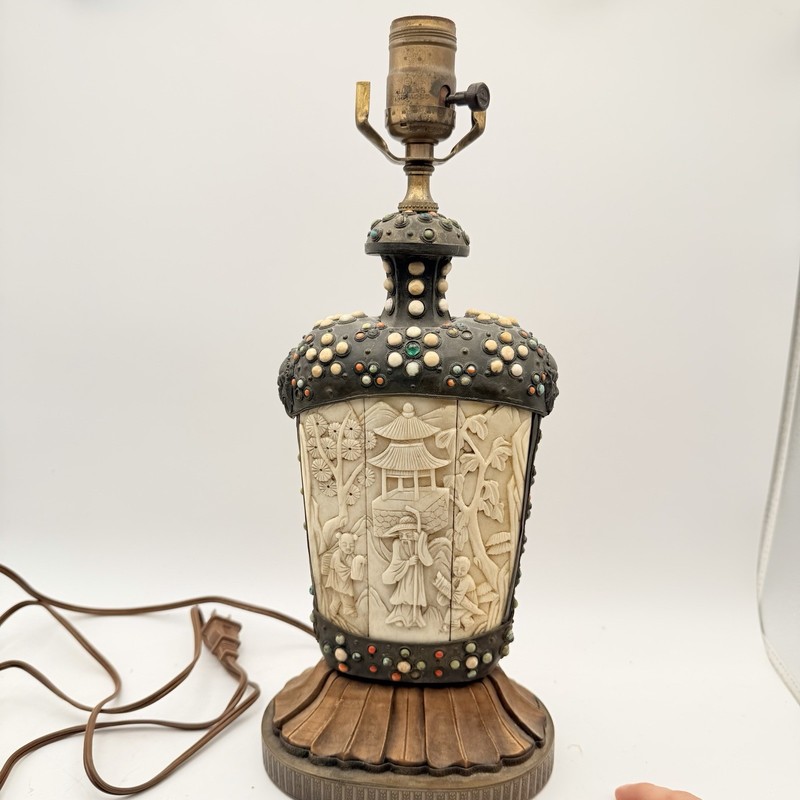 Vintage Asian Carved Panel Table Lamp Turquoise Coral Style Cabochons Flaws