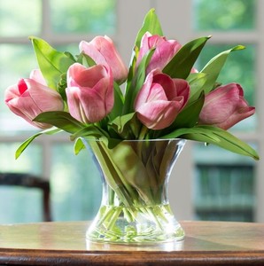 Mauve/Pink Tulip Nosegay-Silk Flower Vase Arrangement W/ Clear Acrylic Water
