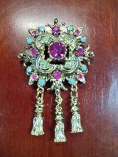 Florenza Style Ornate Uranium Glass Gem Rhinestone Brooch Victorian Revival