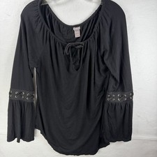 Womens Black Bell Sleeve Lace Up Blouse Goth Dark Pirate Renaissance Witchy Sz M