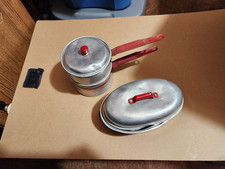 Vintage Childs Aluminum Double Boiler  Rooster Red Handle