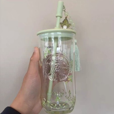 NEW Starbucks China 2026 Spring Auspicious Pattern 18oz Glass Cup W/Tassel Straw