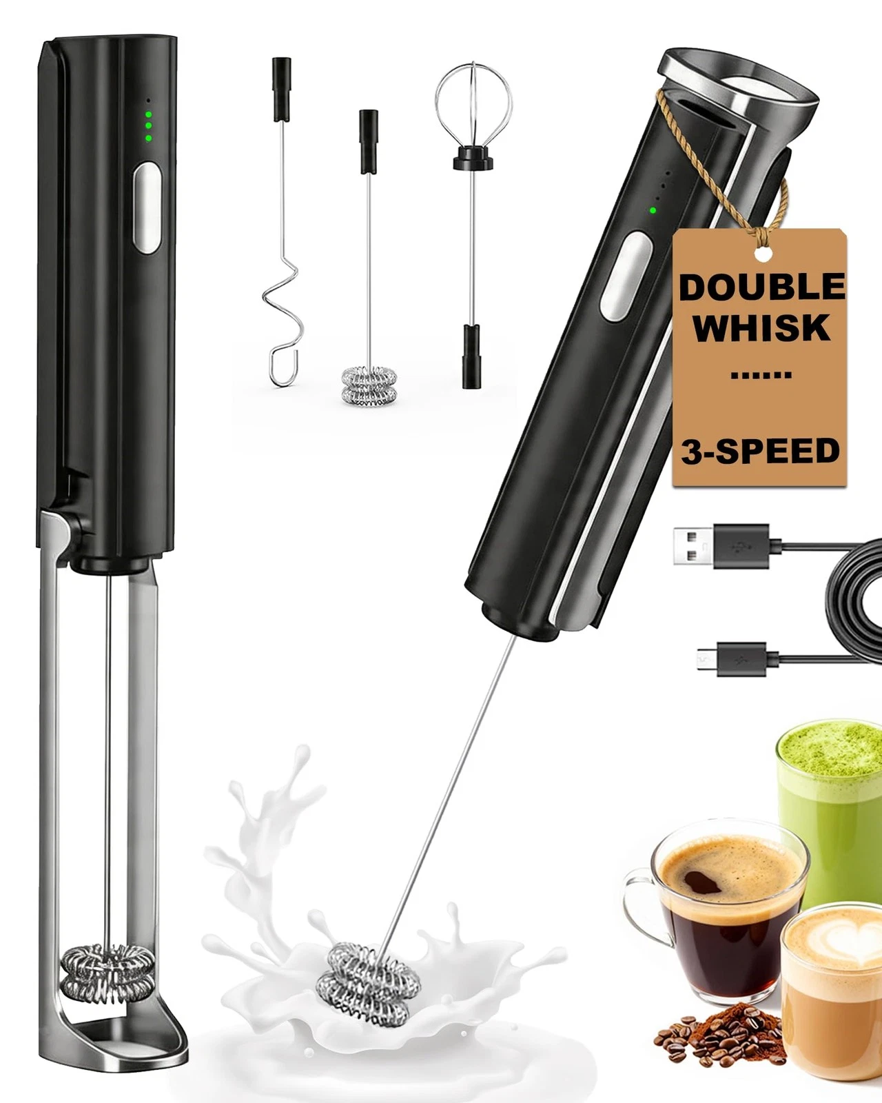Soenglyun 3-Speed Rechargeable Milk Frother Handheld with Small, Silver Black