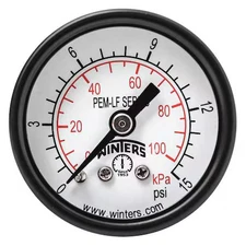 Winters Pem1399lf Pressure Gauge, 0 To 15 Psi, 1 1/2 In Dial, 1/8 In Npt Center