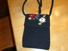VINTAGE HANDMADE CROCHET BLACK EVENING CLUTCH PURSE SHOULDER STRAP