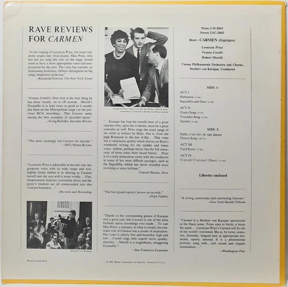 Herbert Von Karajan - Bizet Carmen Highlights RCA LP Vinyl Record Leontyne  Price | eBay