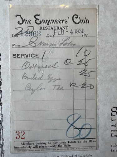 Simon Lake Submarine Pioneer Inventor Hand Signed Receipt Autographed Excellent