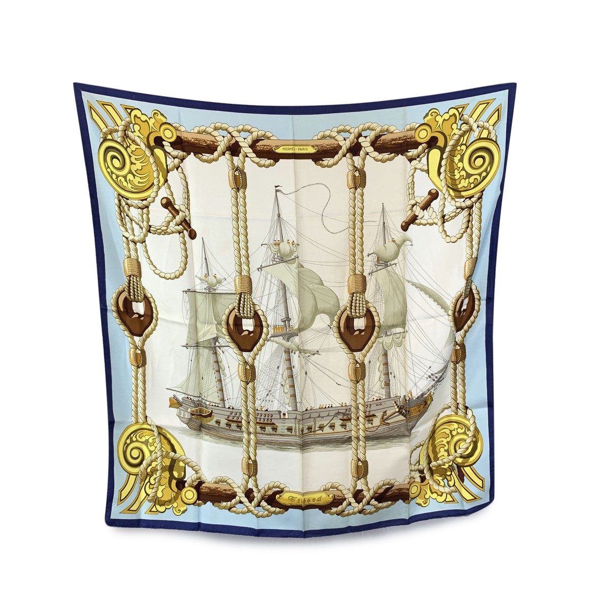 HERMES スカーフ 船と人物デザイン Authentic Hermes Vintage Blue Silk Scarf Nautical Tribord 1968