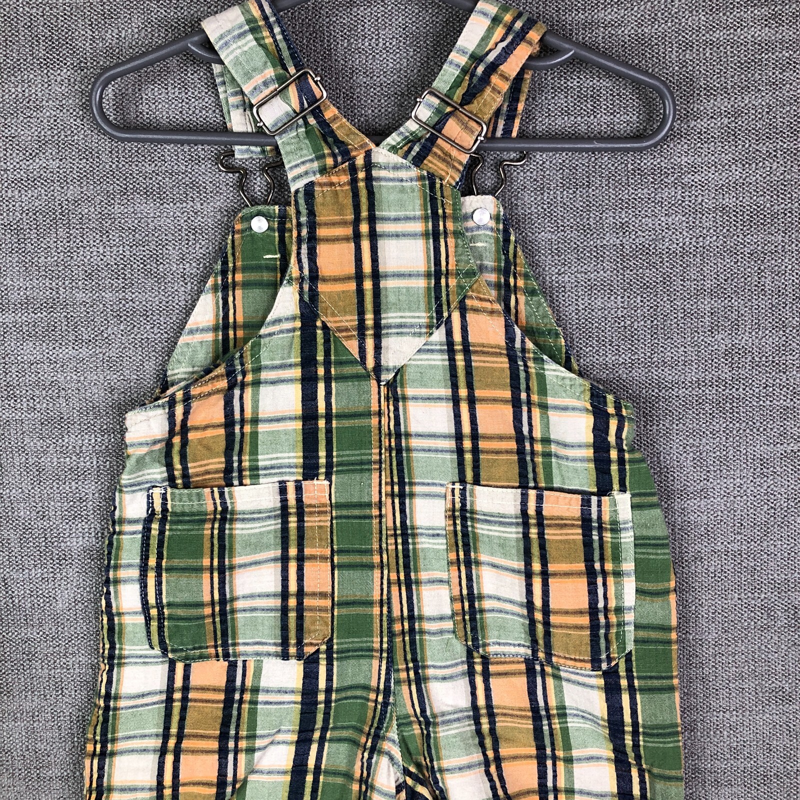 Bugle Boy Shortalls Baby Boys 18M Green Orange Plaid Overalls Pockets