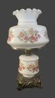 Vintage White Milk Glass Red Yellow Floral Hurricane Table Lamp, Milk Glass Parl