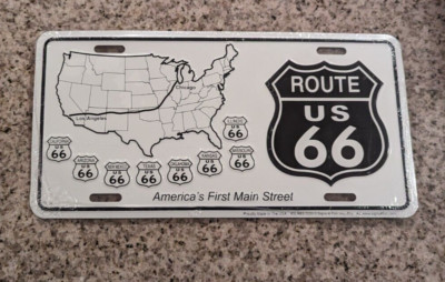 License Plate  ROUTE US 66  America's first main street   US MAP OF ROUTE white
