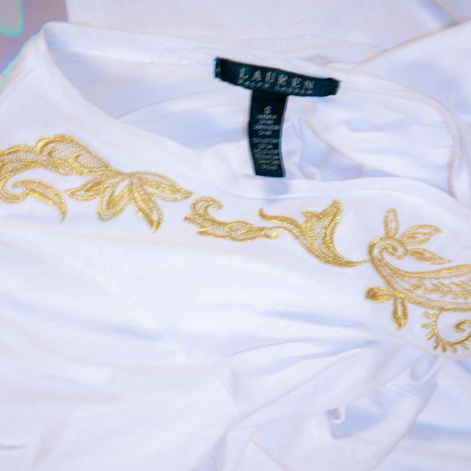 RALPH LAUREN 白金佩斯利刺绣棉女式束腰上衣 S 码 — 第 2/4 张图片