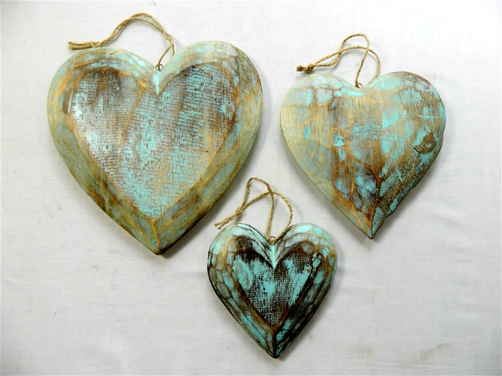 Wooden Hanging Heart Wall Art - Set of 3 Shabby Chic Hearts - Vintage Blue