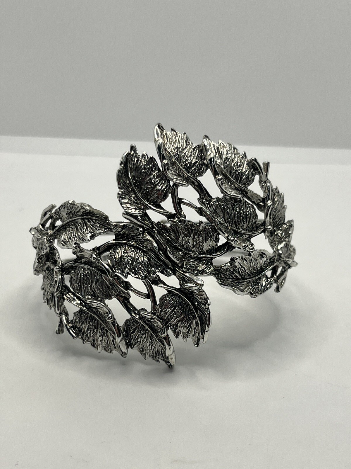 Silver tone leaf cluster clamper statement bracel… - image 3