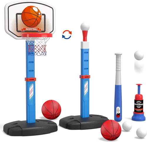 2 in 1 Toddler Basketball Hoop and T Ball Set, Kids Toys Boys 3-5, Adjustable Ki