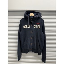Hollister Mens Button Front Hoodie Navy Blue Applique Logo Sweatshirt Large