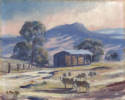 R Morton - Ölgemälde - Schafe in Bauernlandschaft - 20. Jahrhundert