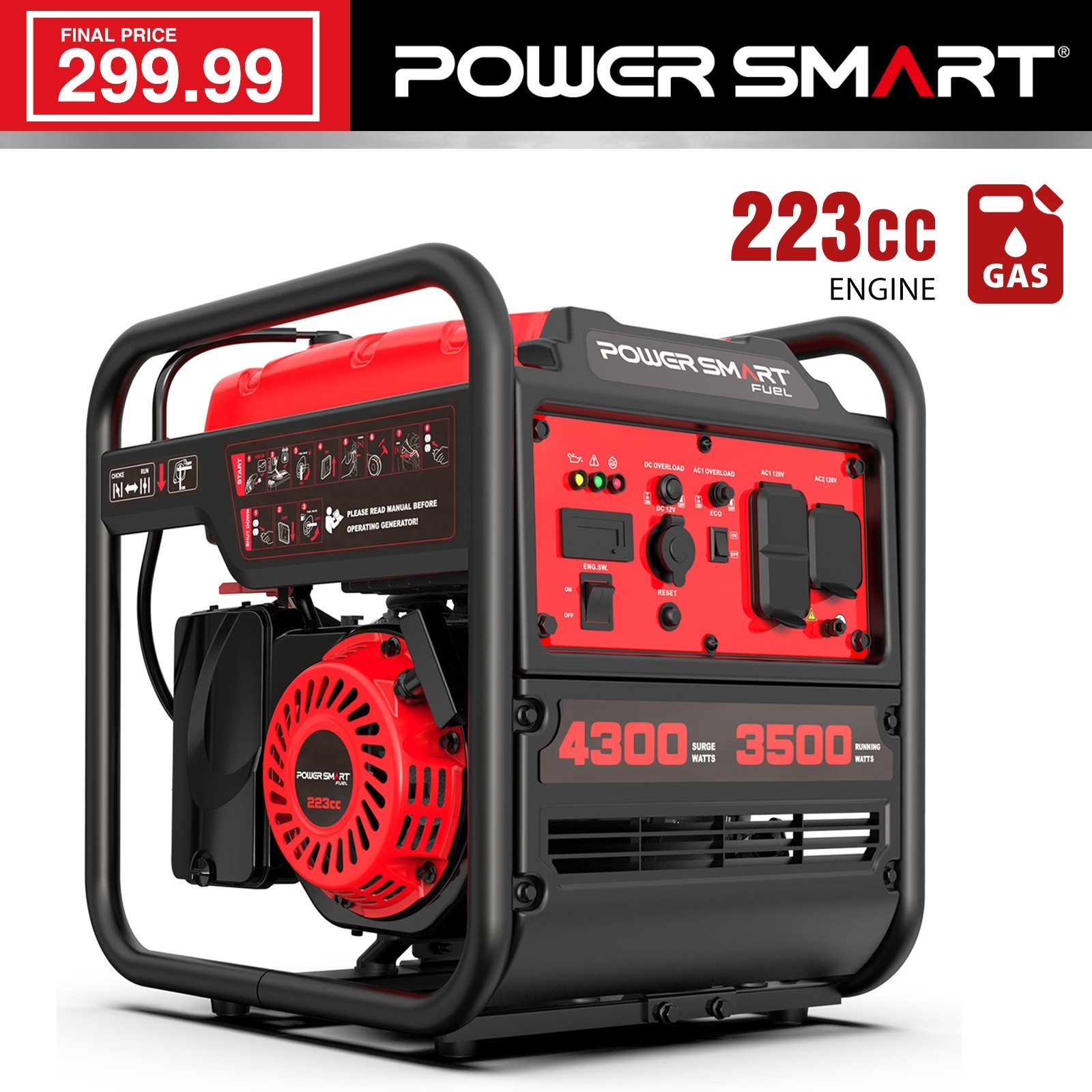 PowerSmart 4300W Gas Generator, 223cc 4-Cycle Engine, 120V Output, Outdoor Use
