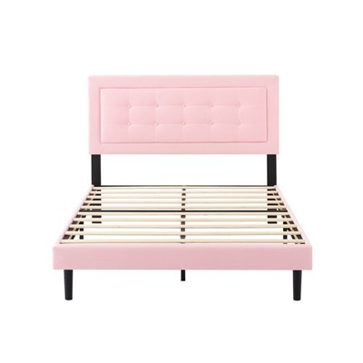 Full Size Platform Bed Frame with Upholstered Headboard, Pink