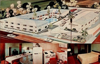 Vintage 1966 El Dorado Motel Hollywood CA Postcard Multiview Artist Rendering