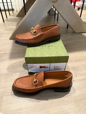 New Gucci Tan Leather and GG Monogram horse Bit Loafers Shoes Men's US 7