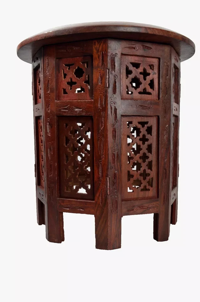 Indian Sheesham Wood Hand Carved Folding Side Coffee Table Restaurant Furniture - Image 3 of 4