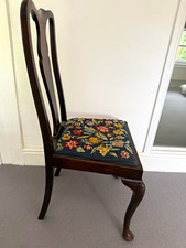 Vintage Dark Wood Dining Chair, Polished, Floral Fabric Upholstered Seat