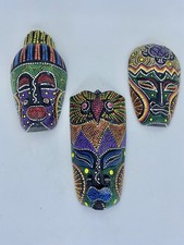 Tribal Masks Hand Painted Tiki Dot Design Wood Colorful Indonesian Art Set Of 3