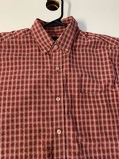 Scandia Woods Shirt Mens M Red Seersucker Plaid Golf Short Sleeve Casual Button