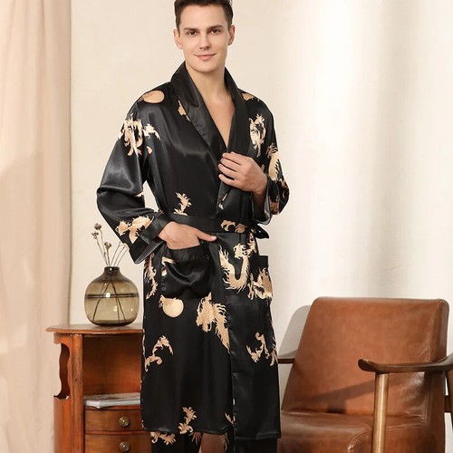 Mannelijke Satijn Nachtkleding Robe Broek Pyjama Set Print Mannen Nachtkleding - Picture 4 of 21