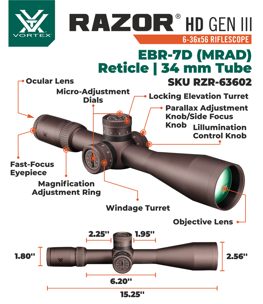 Vortex Optics Razor HD Gen III 6-36x56 FFP Riflescope with Mount