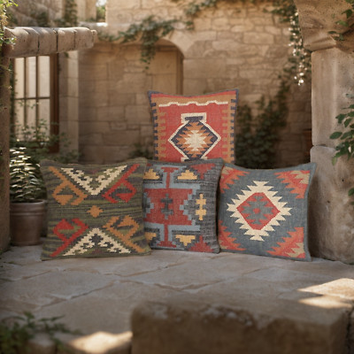 4 Set Vintage Cushion Cover 18'' Handmade Square Pillows Turkish Aztec Kilim
