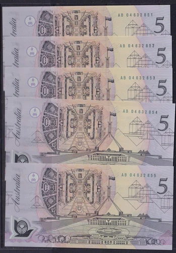 AUSTRALIAN BANKNOTES: 1992 - 5 CONSECUTIVE $5 FRASER / COLE POLYMER .... #90