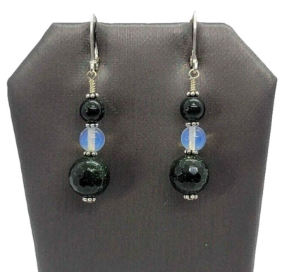 Sterling silver leverback earrings with green Goldstone and opalite Hand Crafted