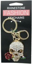 SKULL WITH ROSE KEY CHAIN CRYSTAL RHINESTONE CHARM GIFT