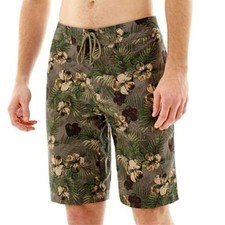 Arizona Swim Patterned Board Shorts Olive Taupe Sizes 28W New Msrp 38.00