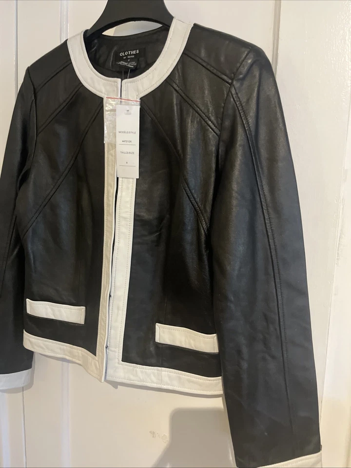 Clothes By Revue Lamb Leather Jacket Woman Size 8 Black White Contrast Trim New - Image 3 of 4