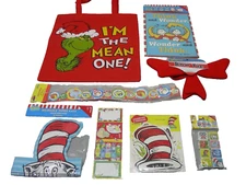 DR. SEUSS LOT - Cat in the Hat Bowtie, Grinch Bag, Signs, Paper Hats, Erasers!