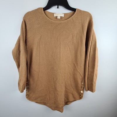 Michael Kors Womens Camel Brown Button Side Knit Pullover Sweater Small Neutral