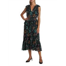 Ulla Johnson Adrienne Black Iris Floral Silk Chiffon Ruffle Midi Dress Sz 8 NEW
