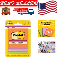 Super Sticky Notes 3 Pack 3x3 Inches Vibrant Colors Reusable Office & School
