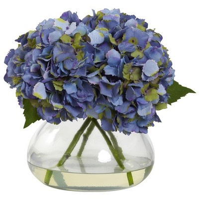 LARGE BLUE BLOOMING SILK HYDRANGEA ARTIFICIAL FLORAL FLOWER ARRANGEMENT w/ VASE