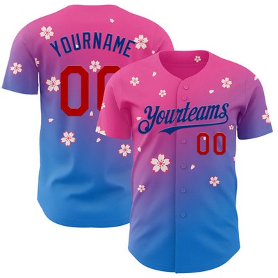 Custom Gradient Pink Cherry Blossom Baseball Jersey Floral Sakura Uniform