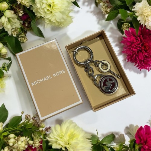 NEW Michael Kors Silver Tone Purple Enamel Keychain Purse Fob