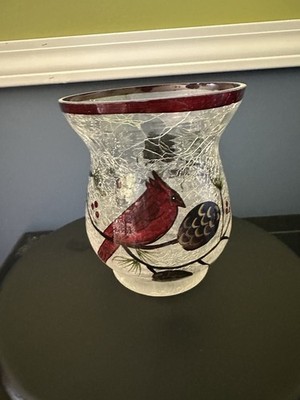 Red Cardinal Crackle Glass Candle Holder Christmas 6'' Pinecone Bird