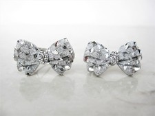 Two small tiny sparkle silver bow crystal hair pin clip barrettes fine hair