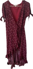 Miami Burgundy Floral Wrap Dress Large High Low Ruffle Hem Tie Sleeve Boho 
