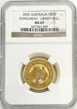 2002 GOLD AUSTRALIA 1498 MINTED LIBERTY BELL PRIVY KANGAROO 1/2 oz COIN NGC MS69 5750.00 per troy oz