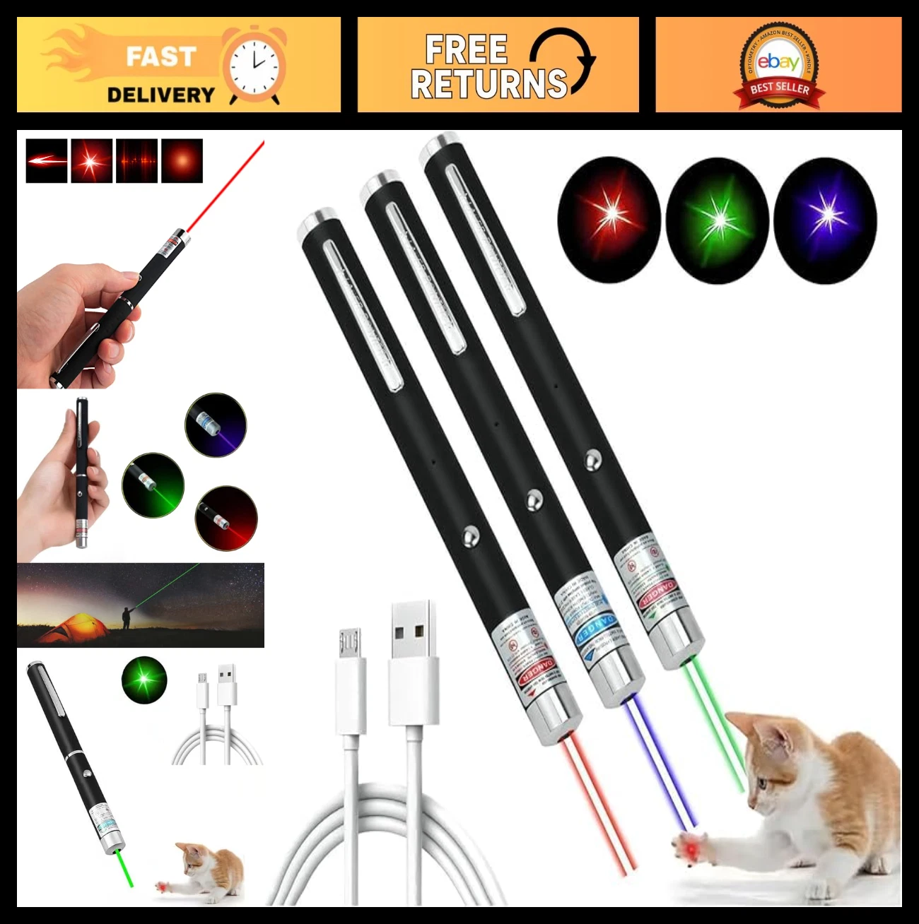 3 Pcs USB Rechargeable Laser Pointer for Cats & Dogs - Interactive Pet Toys, Red